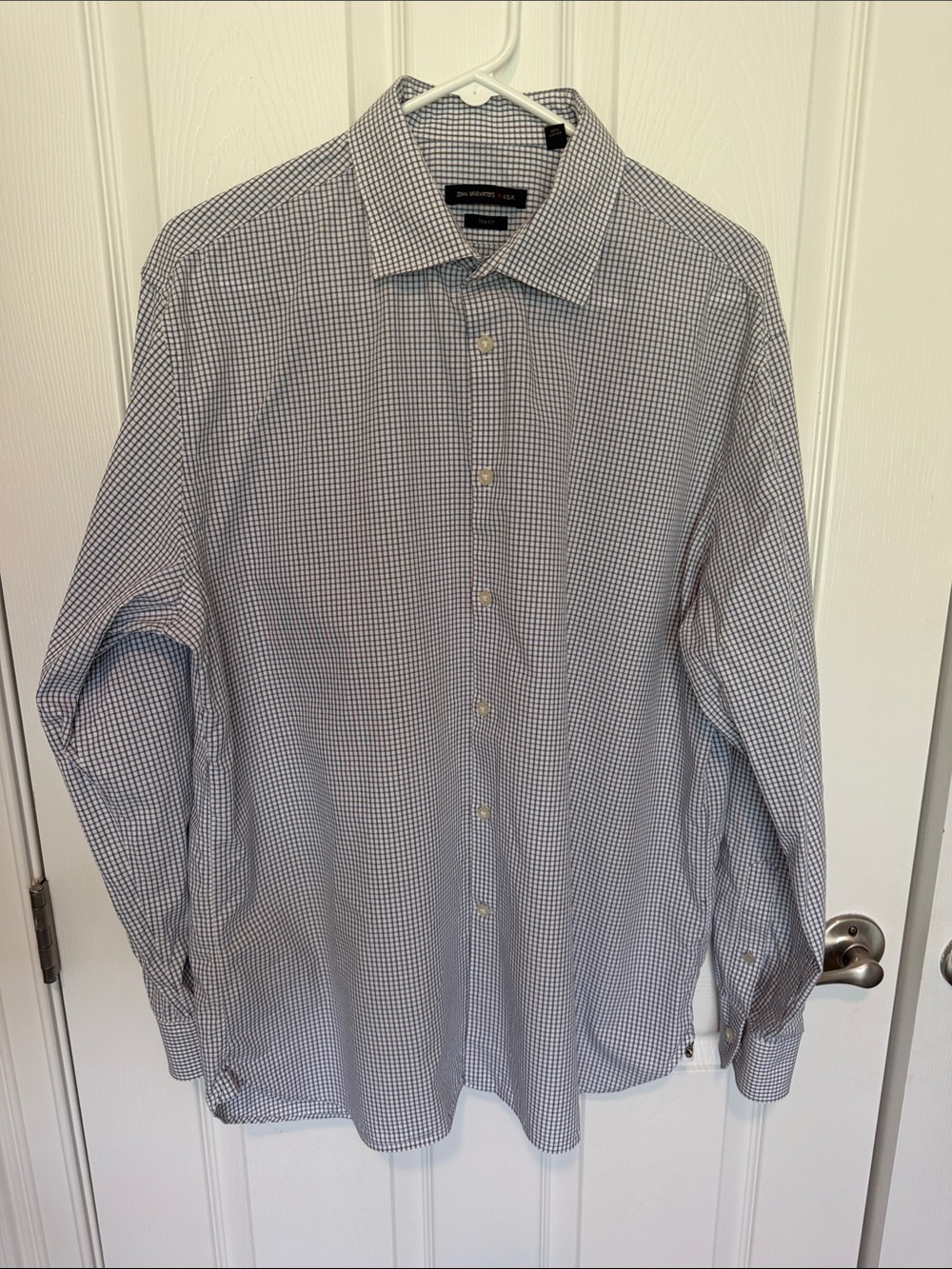 John Varvatos Blue, Gray and White Checked Dress Shirt